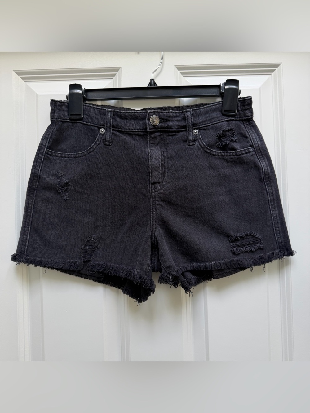 Aerie elastic waistband black wash distressed denim cutoff shorts raw hem XS